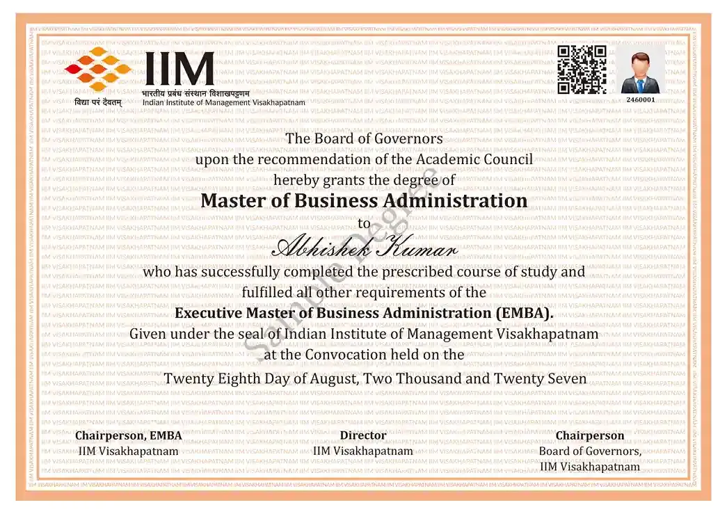 Executive Master of Business Administration (EMBA) sample certificate