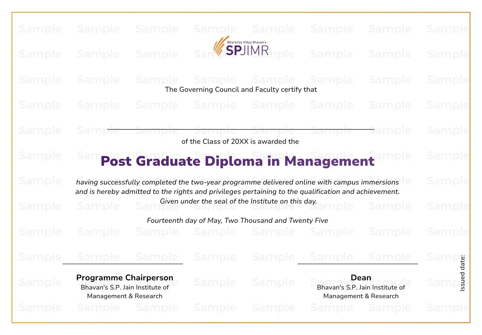 SPJIMR Blended Post Graduate Diploma in Management (PGDM) sample certificate