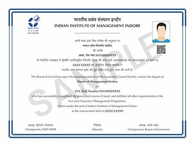 Master of Management Studies sample certificate
