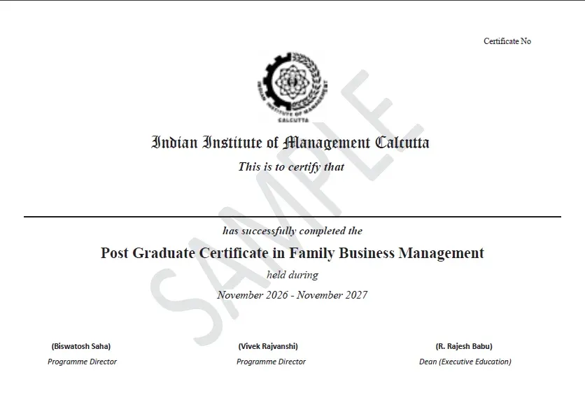 Post Graduate Certificate Programme in Family Business Management (Batch-08) sample certificate