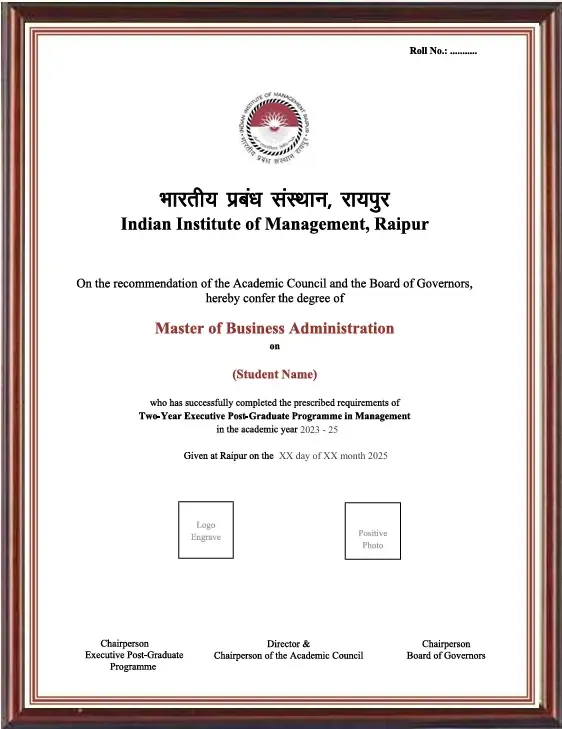 Executive Master of Business Administration (EMBA) - Indian Institute of Management Raipur sample certificate